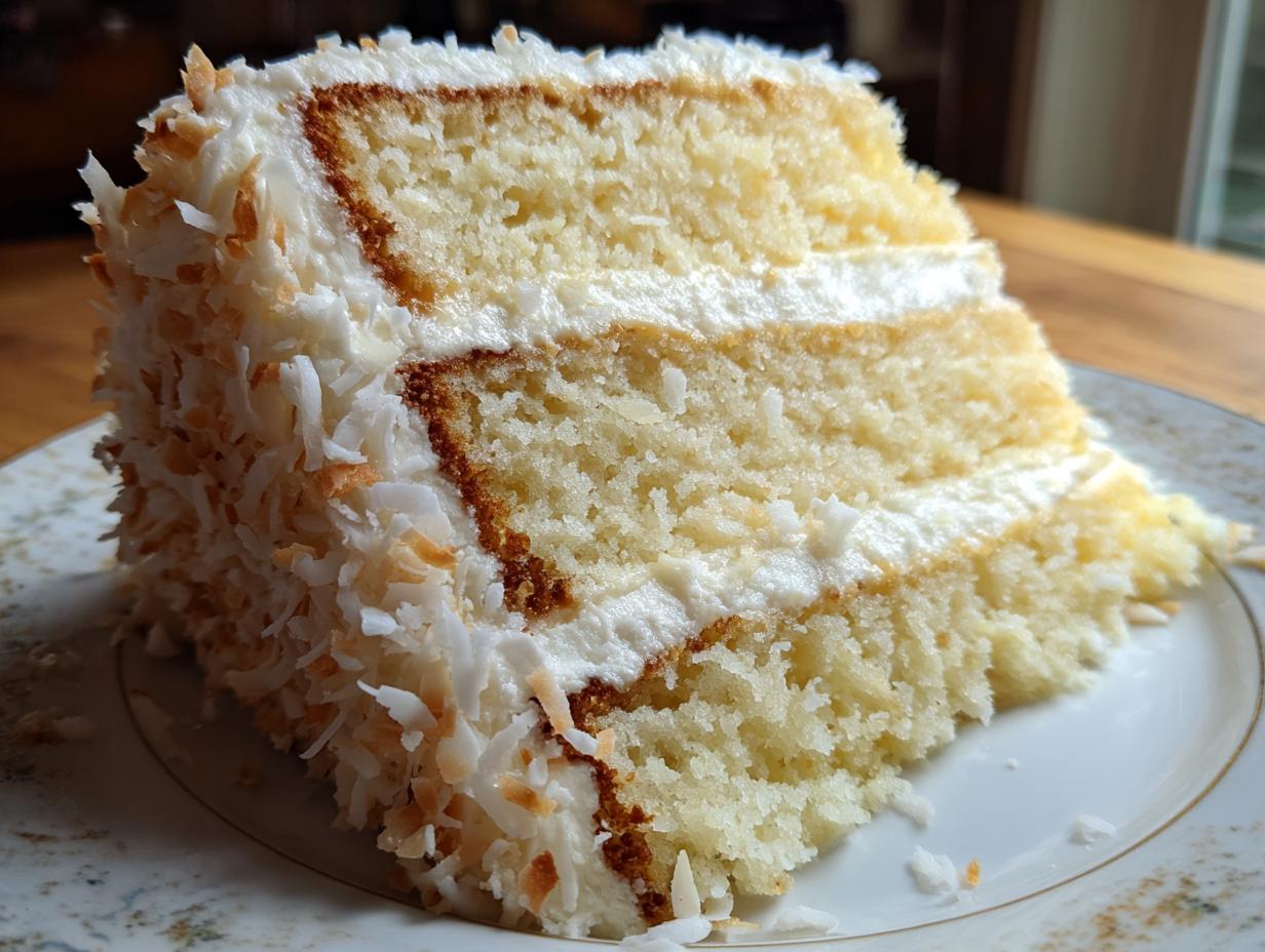 A moist, three-layer slice of coconut cake covered in white frosting and toasted coconut flakes.