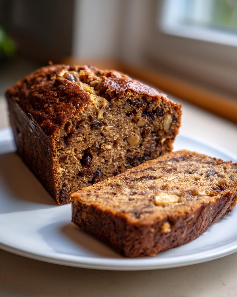 A freshly baked loaf of date nut bread, partially sliced, showing rich texture with dates and walnuts.