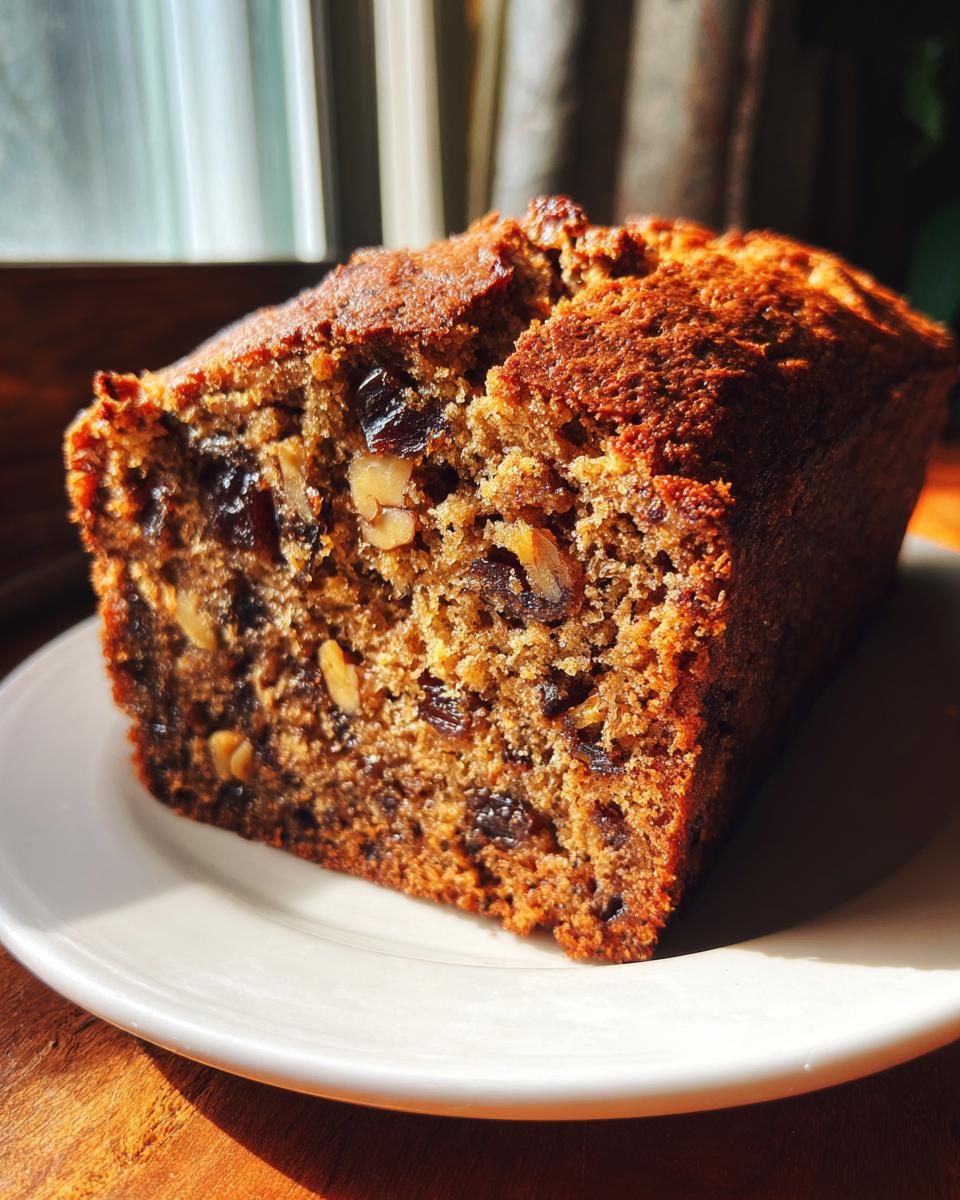 Close-up of a thick slice of moist date nut bread, showing visible pieces of dates and walnuts baked inside.