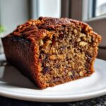 Close-up of a moist slice of date nut bread showing rich brown color, studded with chopped dates and walnuts.