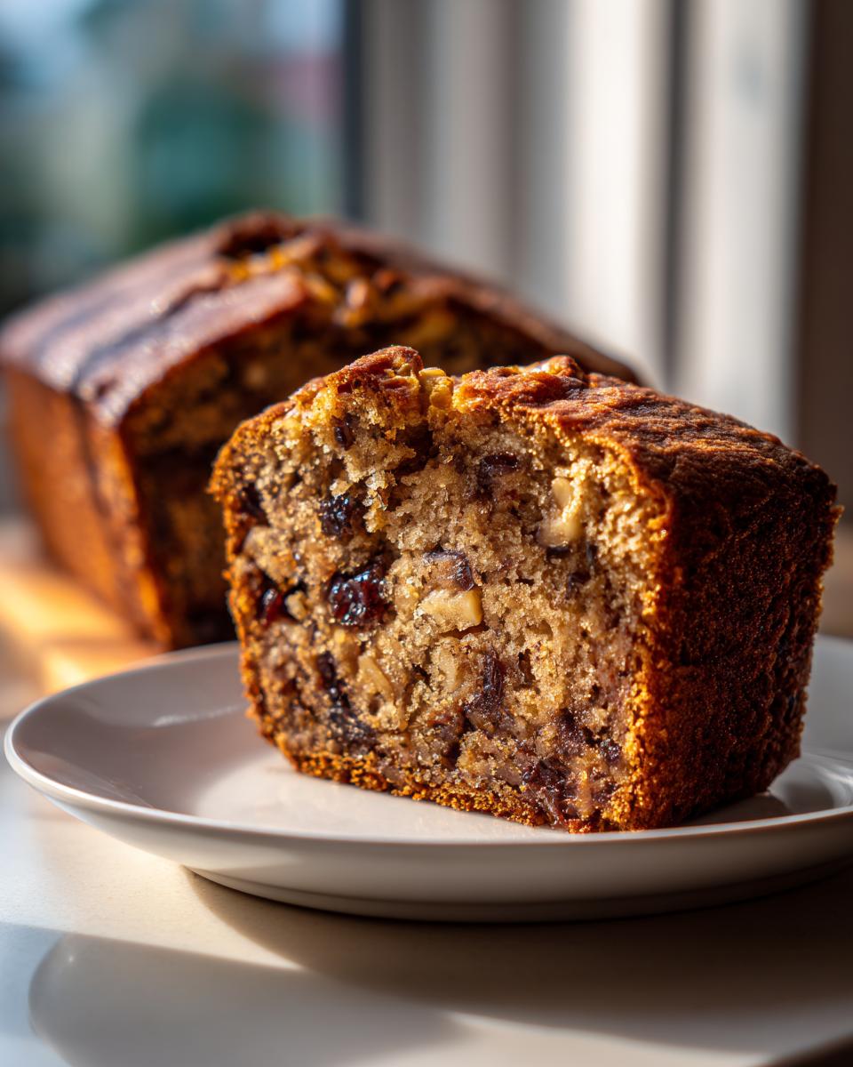 A thick slice of moist date nut bread, rich with visible nuts and dried fruit, resting on a small plate.