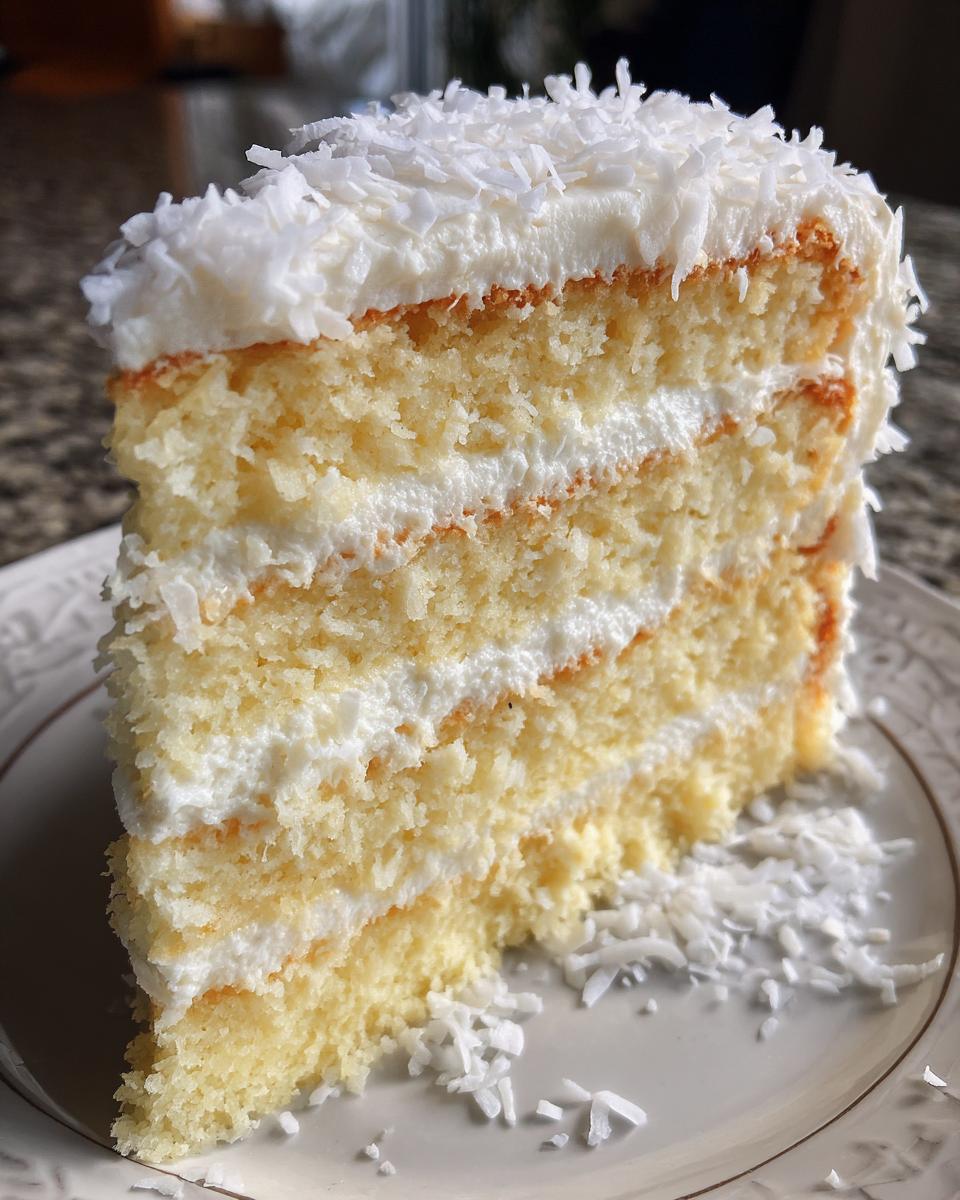 Close-up of a thick slice of layered coconut cake showing moist yellow layers and white frosting, topped with shredded coconut.