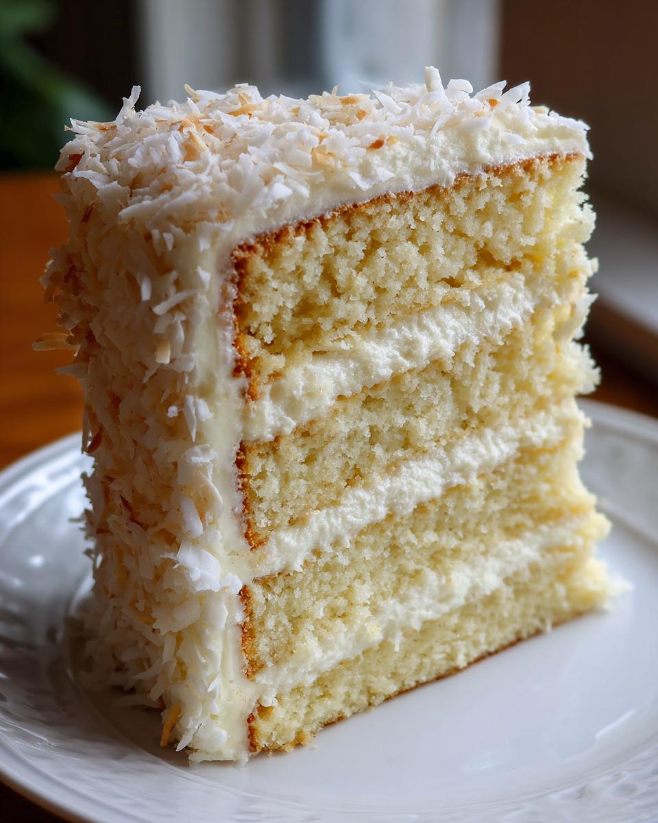 Close-up of a tall slice of layered coconut cake with white frosting and toasted coconut flakes.