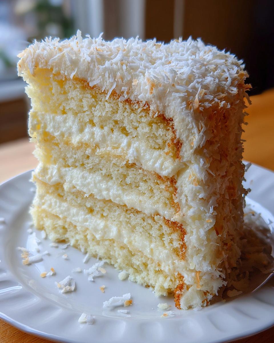 Close-up of a tall slice of layered coconut cake, filled with cream and covered in shredded coconut flakes.