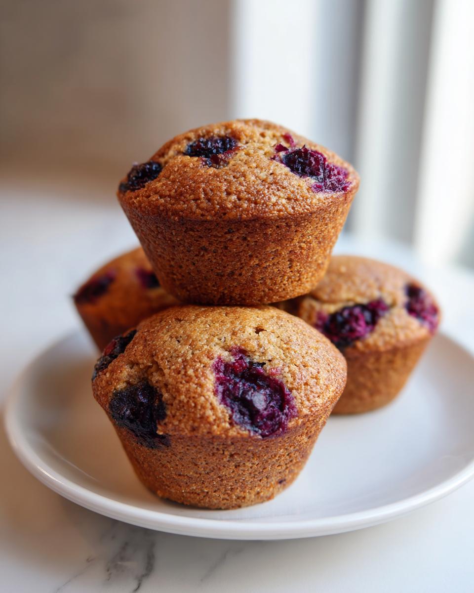 A stack of four moist blueberry protein muffins with golden brown tops resting on a white plate.