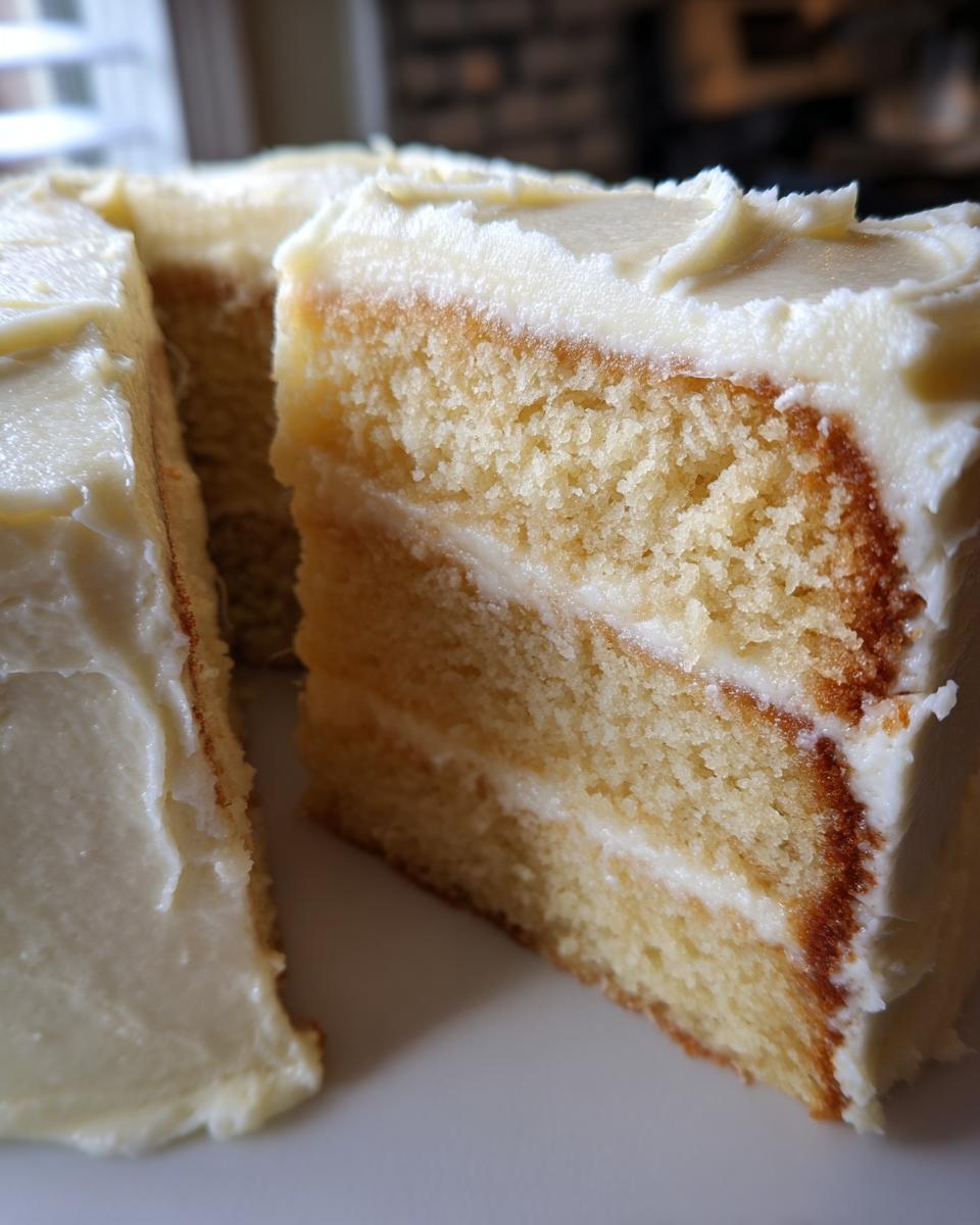 Close-up cross-section of a two-layer vanilla cake recipe slice showing moist crumb and white frosting.