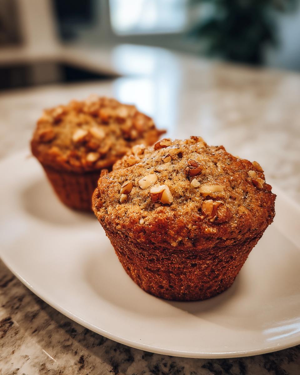 Close-up of two golden brown banana nut muffins topped with chopped walnuts, sitting on a white plate.