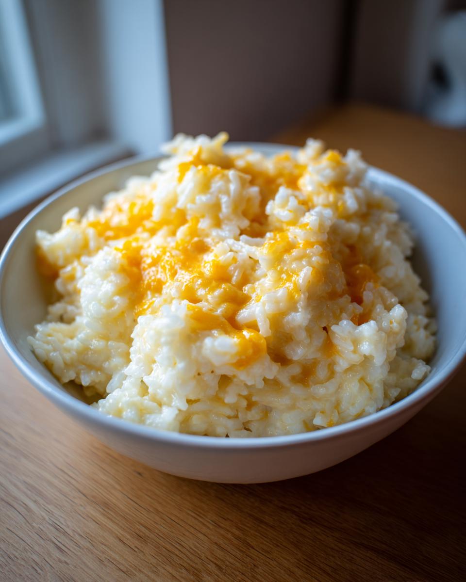 A white bowl filled with creamy, white rice topped with melted orange cheddar cheese, representing cheesy rice.