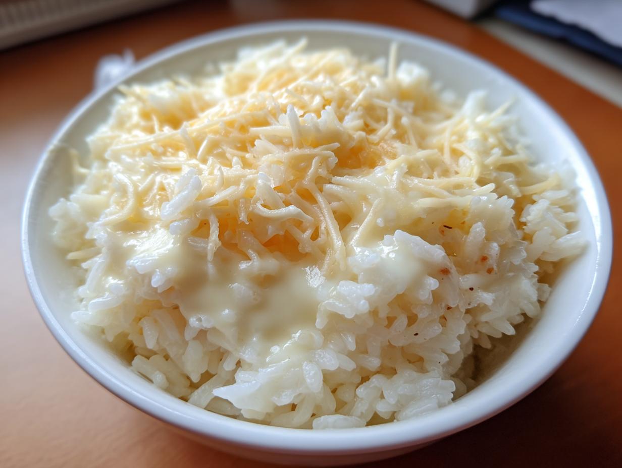 Close-up of a white bowl filled with creamy, cheesy rice topped generously with shredded cheese.