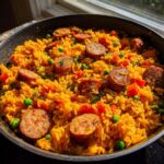Close-up of a vibrant, golden-yellow sausage and rice dish cooked in one pot with peas and carrots.