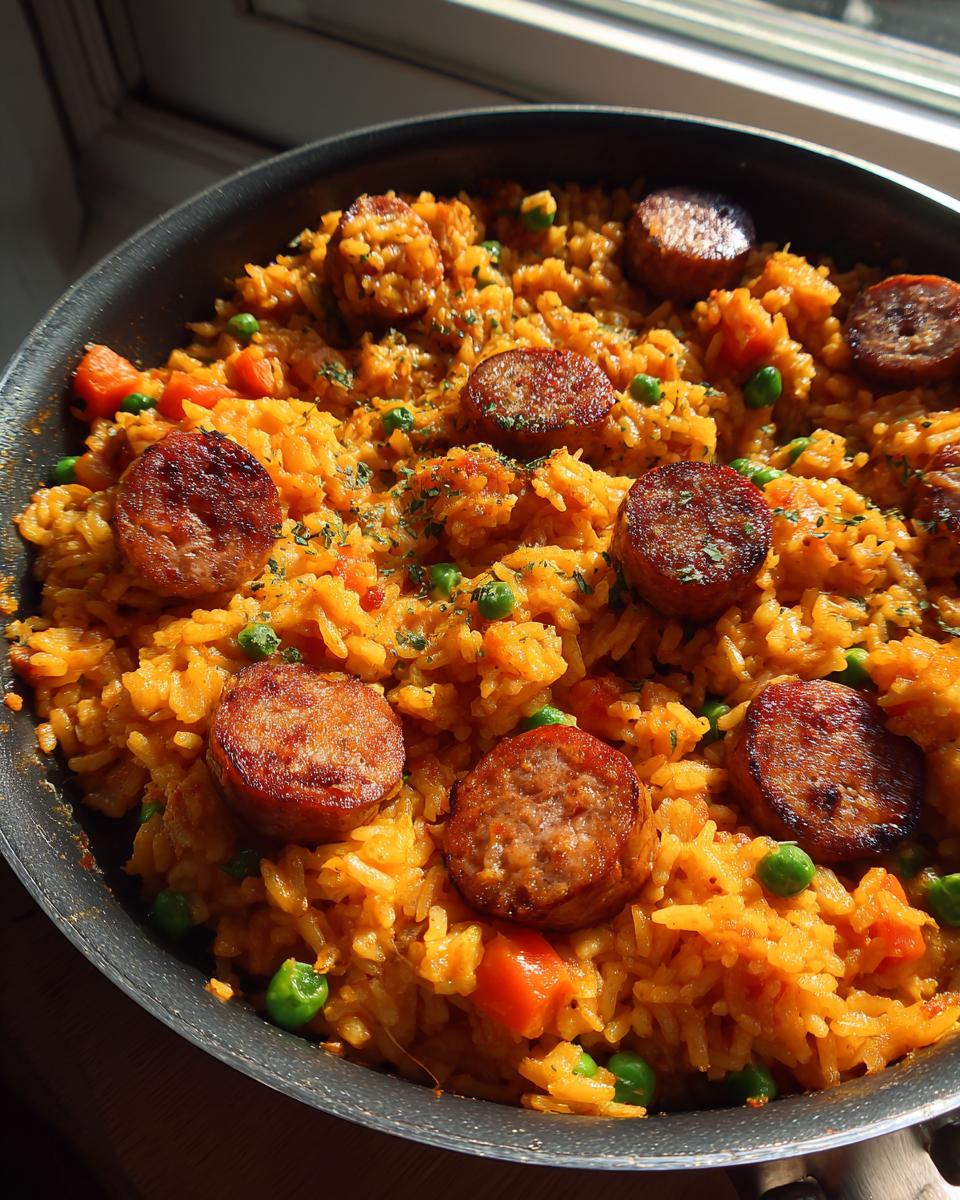 Close-up of a one-pot sausage and rice dish featuring seasoned rice, sliced sausage, peas, and carrots.
