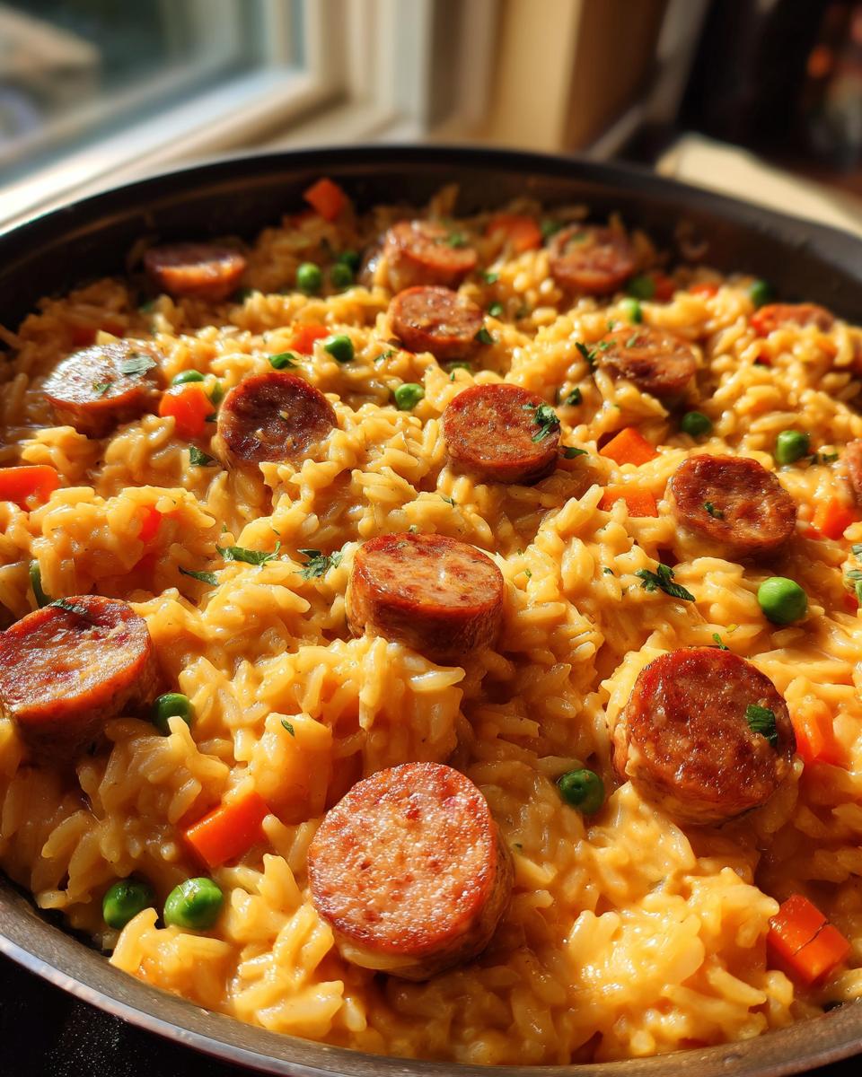 Close-up of a creamy, one-pot sausage and rice dish with peas and carrots, served hot in a skillet.