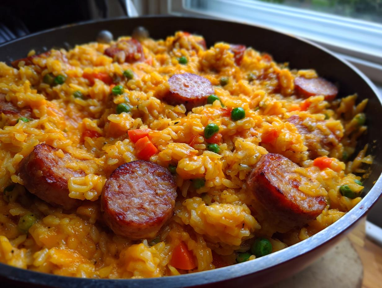 Close-up of flavorful one-pot sausage and rice dish with peas and carrots in a skillet.