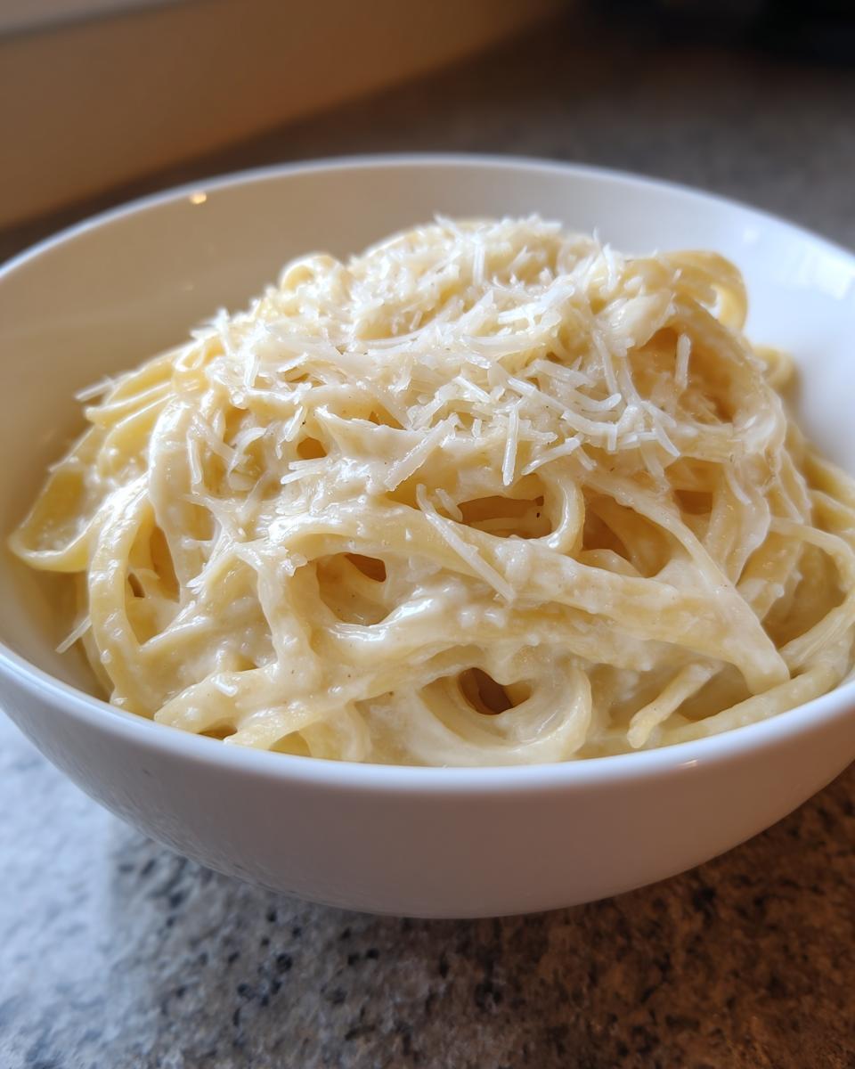 A close-up of fettuccine pasta coated in creamy homemade alfredo sauce and topped with grated Parmesan cheese.