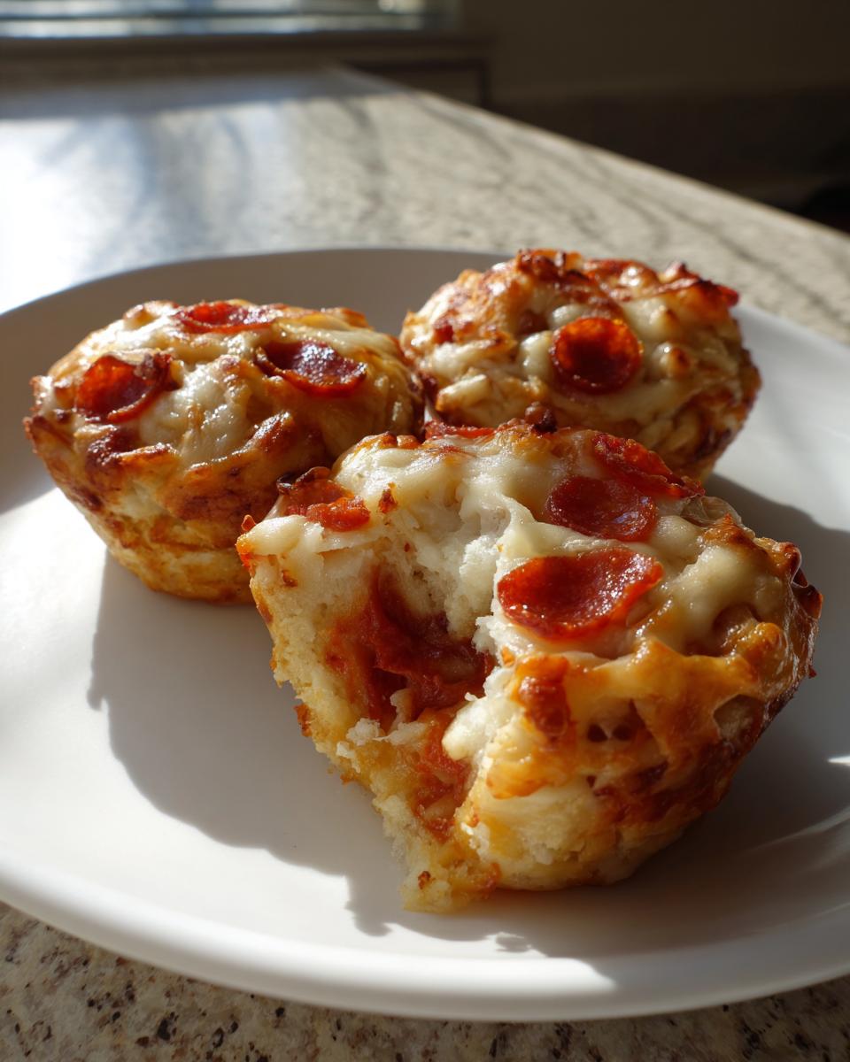 Three delicious pepperoni pizza muffins served on a white plate, one is broken open to show the soft center.