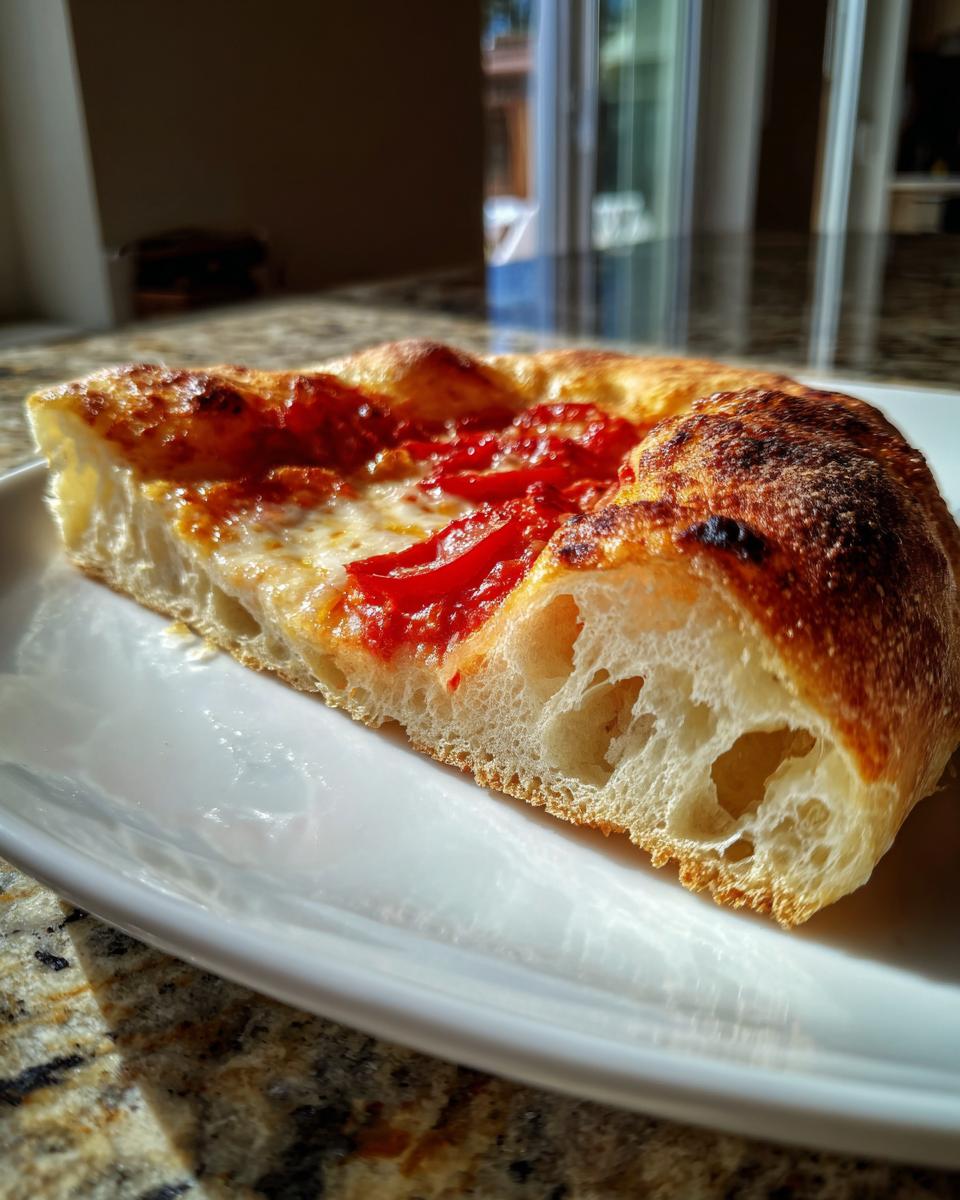 Close-up cross-section of a pizza slice showing the airy, open crumb structure made from sourdough discard pizza dough.