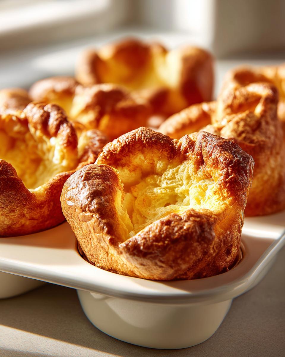 Close-up of several golden brown, perfectly risen yorkshire pudding baked in a cream-colored muffin tin.