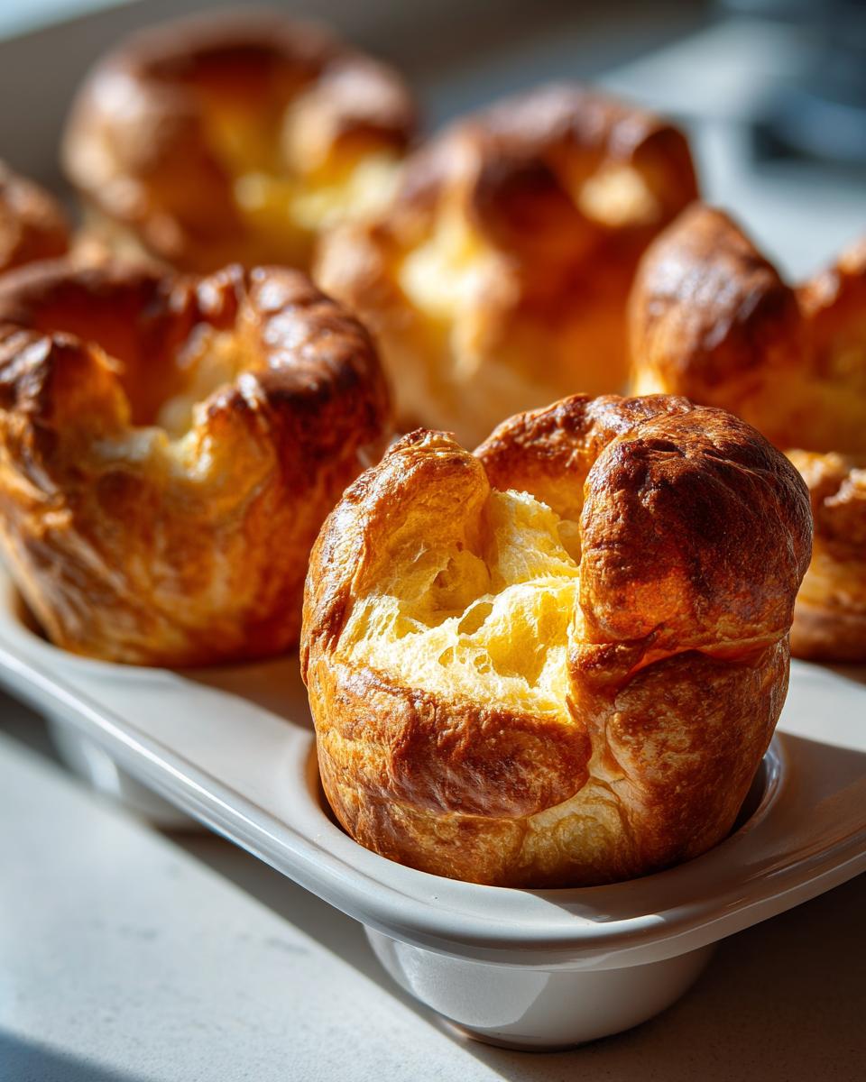 Close-up of several golden brown, puffed yorkshire pudding fresh from the oven in a white baking tray.