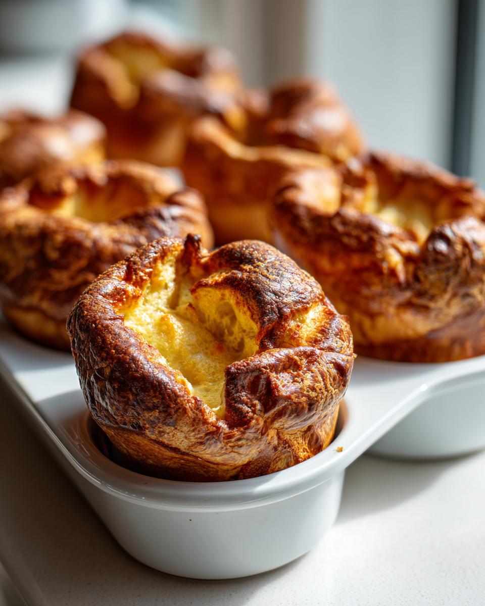 Close-up of several golden brown, perfectly risen yorkshire pudding baked in a white ceramic dish.