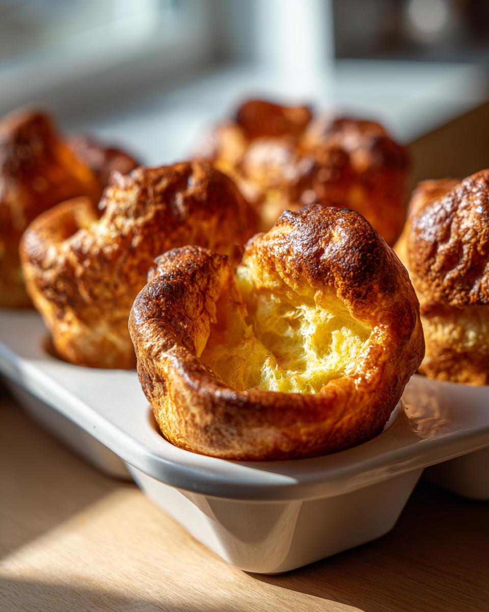 Close-up of golden brown, puffy yorkshire pudding fresh from the oven in a white baking tray.