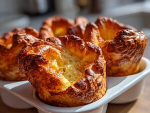 Close-up of several golden brown, puffy yorkshire pudding creations fresh from the oven in a white baking dish.