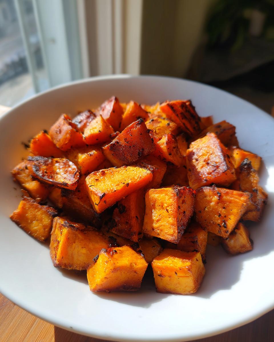 Close-up of caramelized, seasoned roasted sweet potato cubes in a white bowl, highlighted by sunlight.