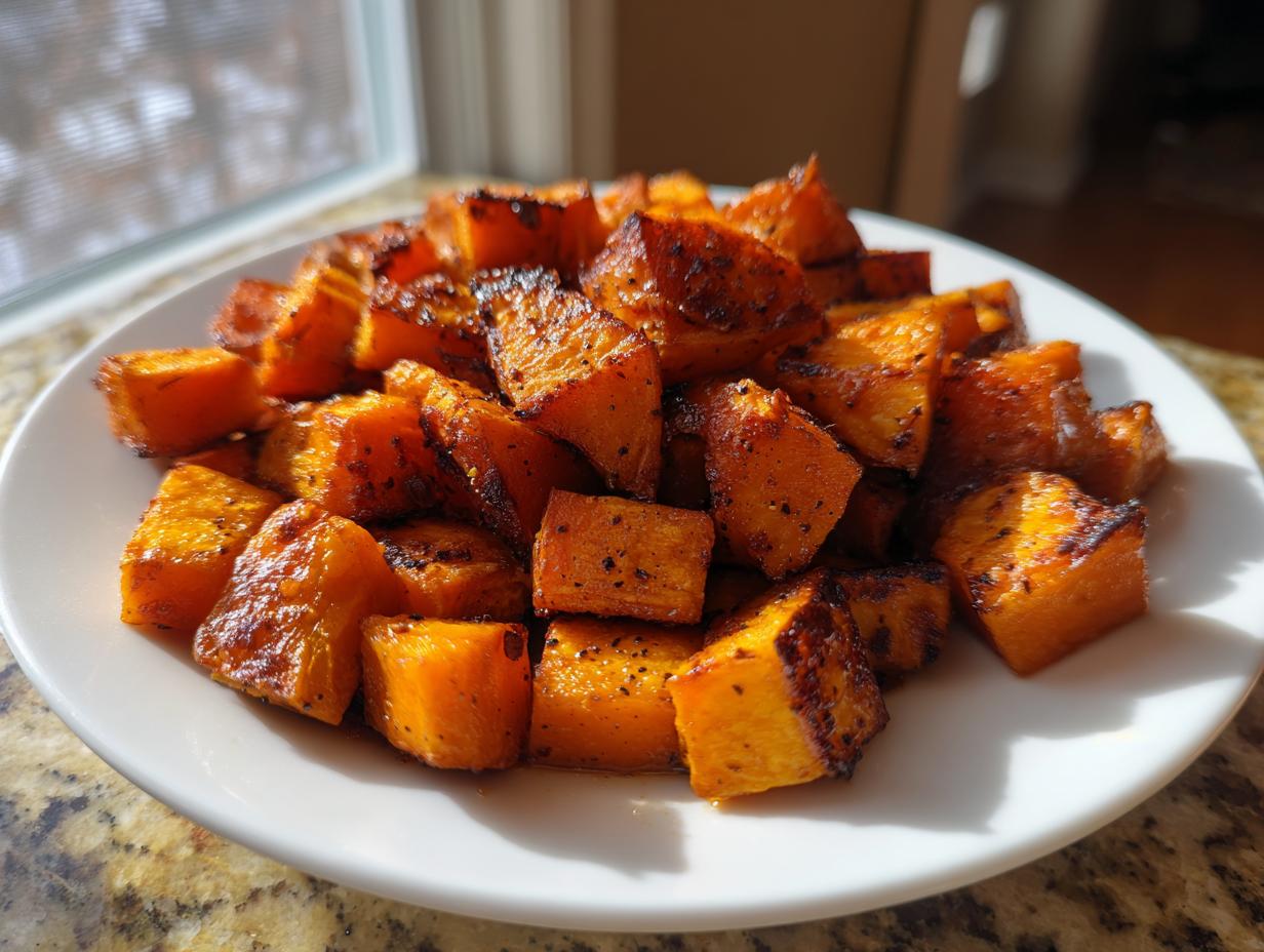 A white plate filled with perfectly caramelized roasted sweet potato cubes, seasoned with pepper.