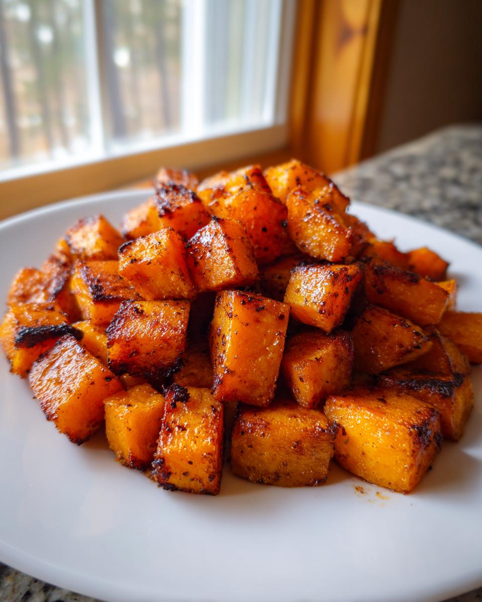 A close-up of caramelized, seasoned roasted sweet potato cubes piled on a white plate.