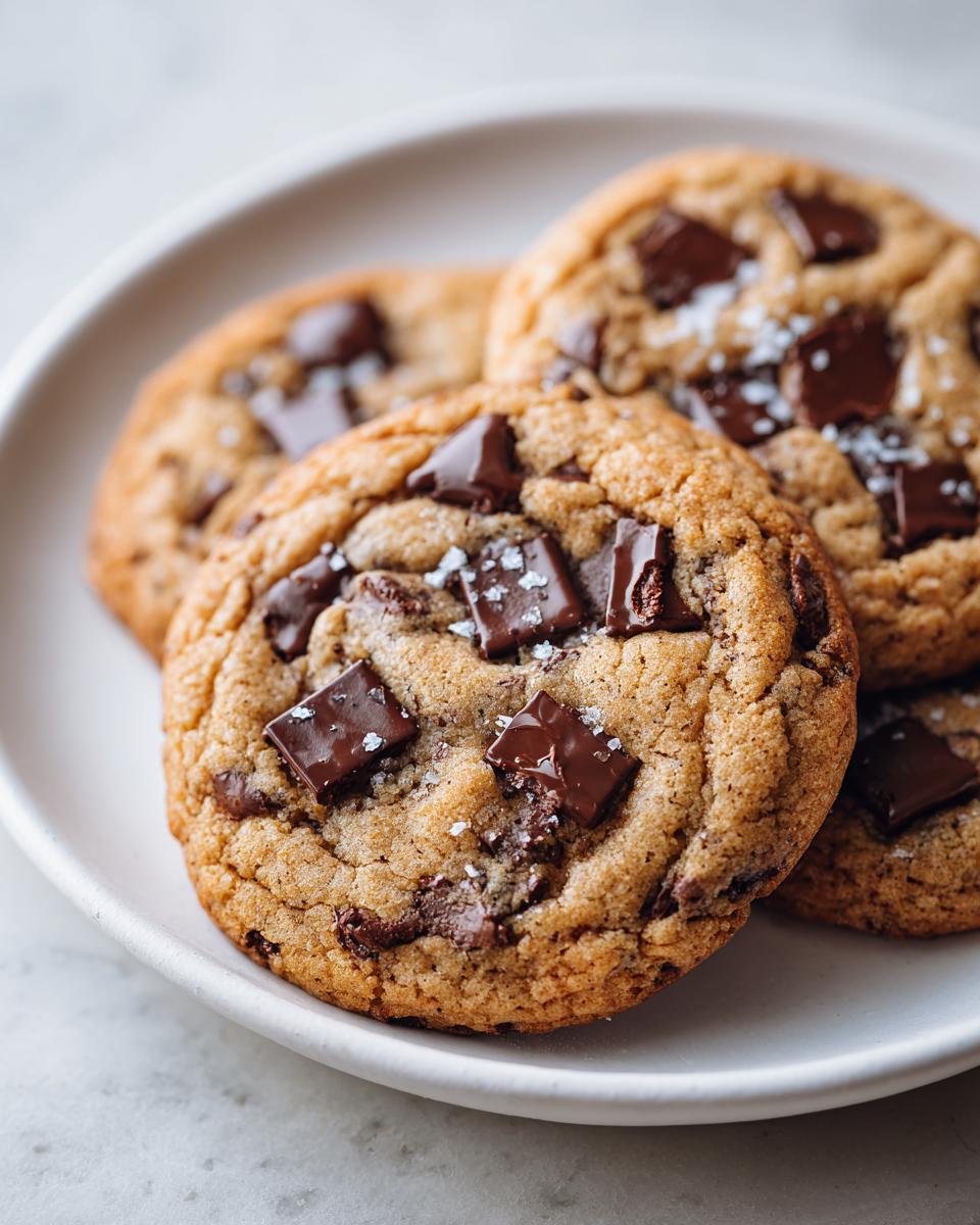 Close-up of several thick, chewy chocolate chip cookies topped with flaky sea salt.