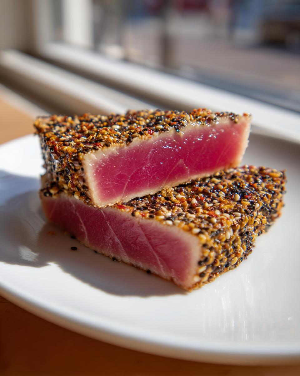 Two thick slices of perfectly seared ahi tuna, crusted with sesame seeds, showing a rare, bright pink center.