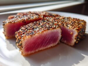 Close-up of perfectly seared ahi tuna steaks, crusted with sesame seeds, showing a rare, bright pink center.