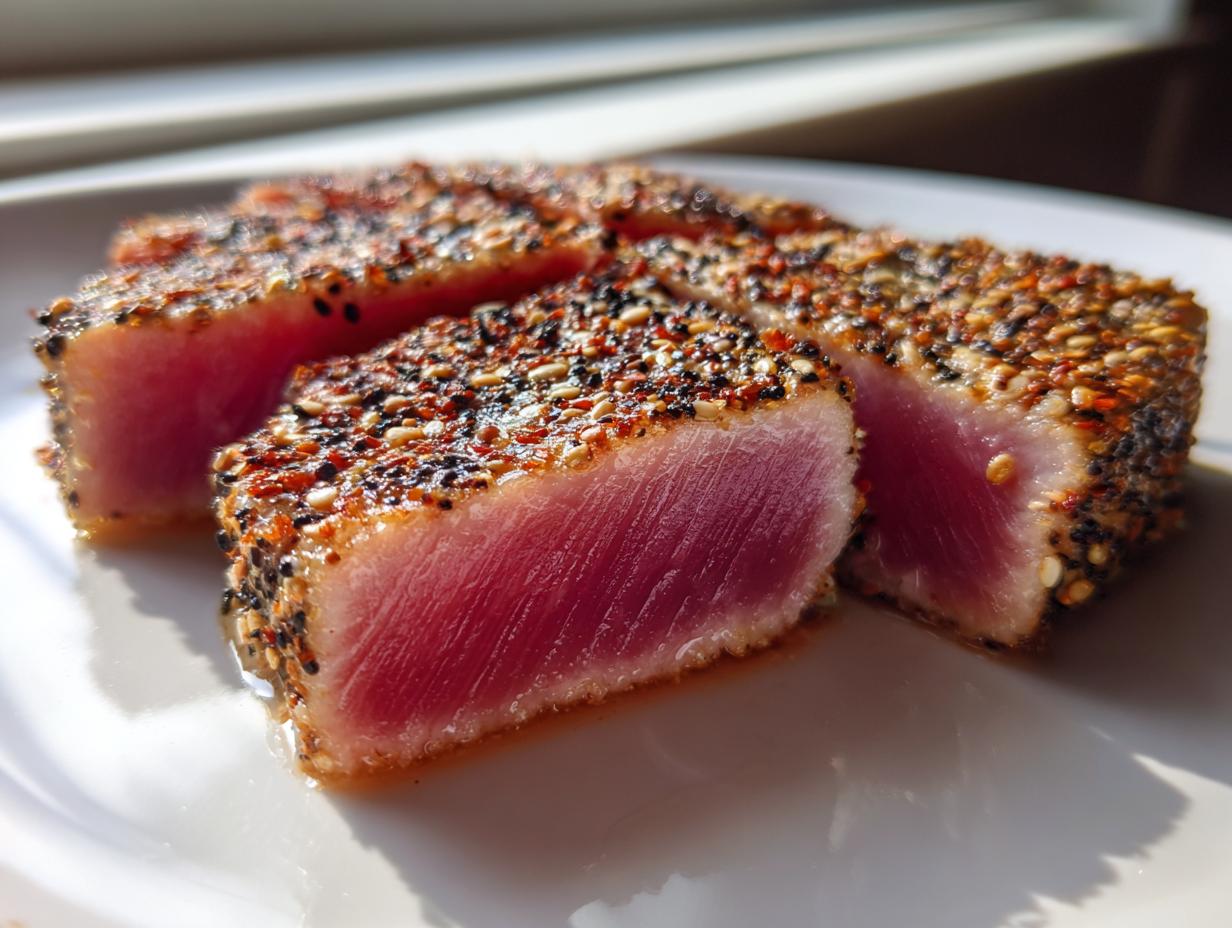 Close-up of perfectly seared ahi tuna steaks, crusted with sesame seeds, showing a rare, bright pink center.