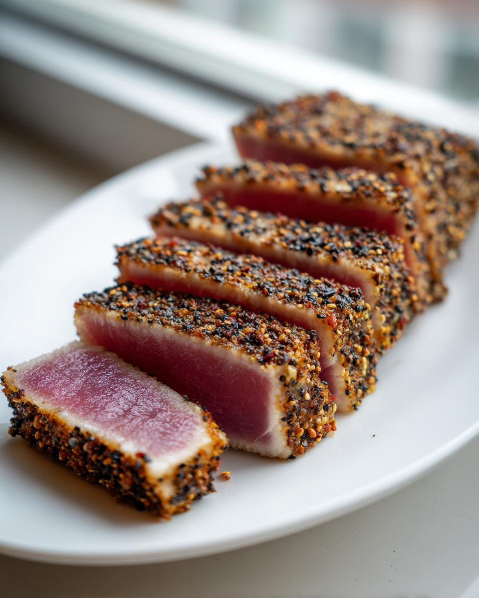 Close-up of perfectly cooked Seared Ahi Tuna, sliced to show the rare center and sesame seed crust.