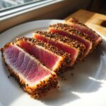 Five slices of perfectly seared ahi tuna, crusted with pepper and sesame seeds, showing a rare pink center.