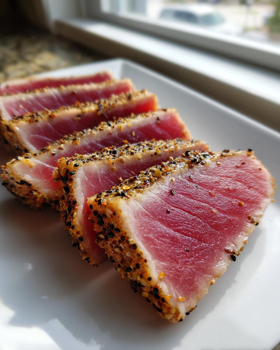 Close-up of four slices of perfectly seared Ahi Tuna, crusted with sesame seeds and spices, showing a rare pink center.