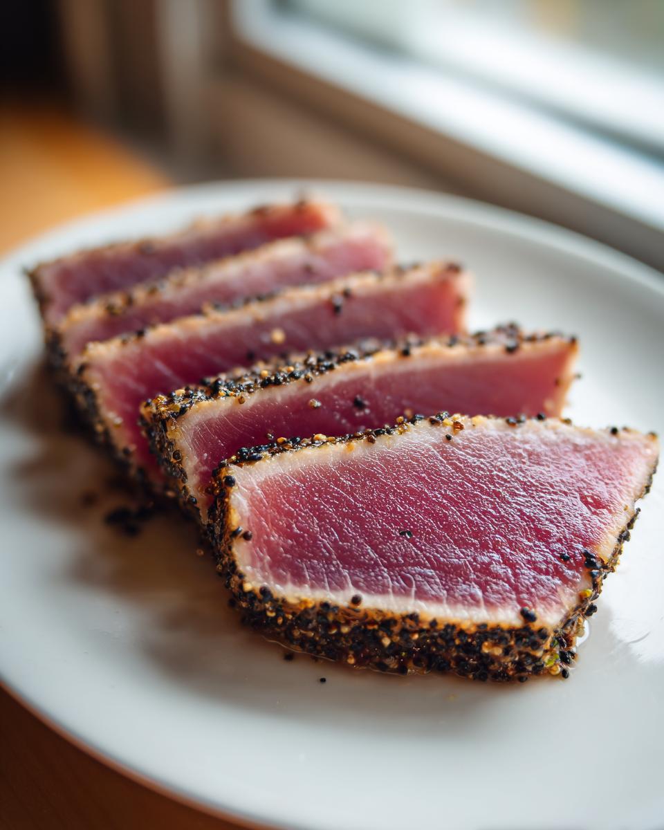 Four slices of perfectly seared Ahi Tuna, crusted with black pepper, resting on a white plate.