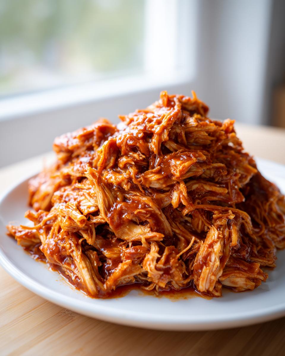 A mound of saucy, shredded meat, resembling Slow Cooker Pulled Pork, piled high on a white plate.
