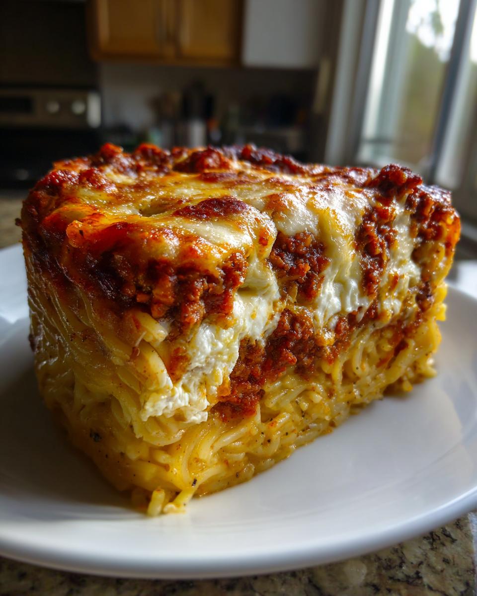 A thick, square slice of baked spaghetti pie featuring layers of pasta, meat sauce, and melted cheese topping.