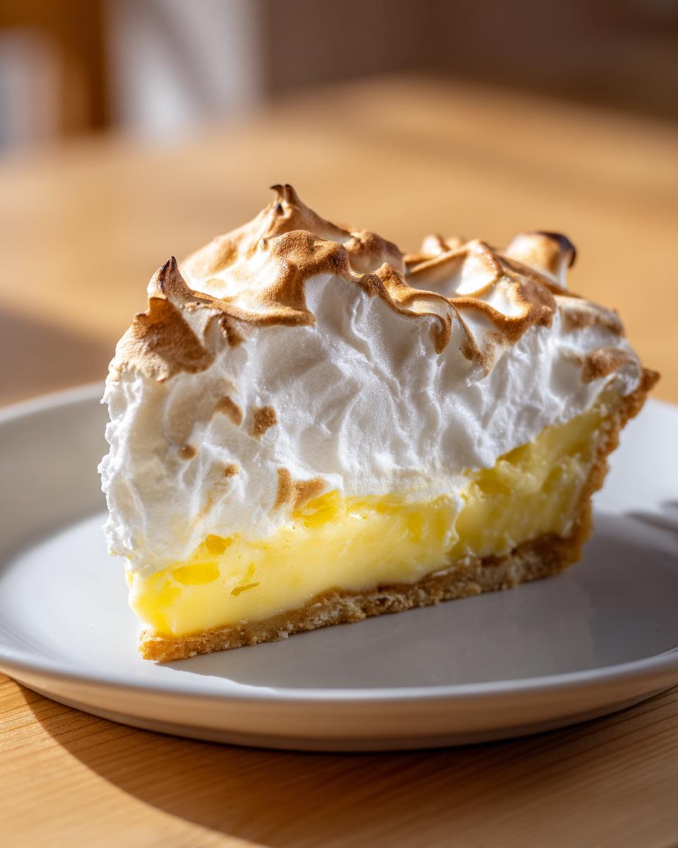 A close-up of a tall slice of lemon meringue pie showing the bright yellow filling and perfectly browned meringue.