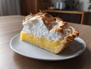 A close-up of a perfect slice of lemon meringue pie showing the thick lemon curd and tall, toasted meringue.