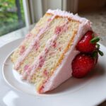 Close-up of a tall slice of strawberry cake with pink frosting layers and topped with two fresh strawberries.
