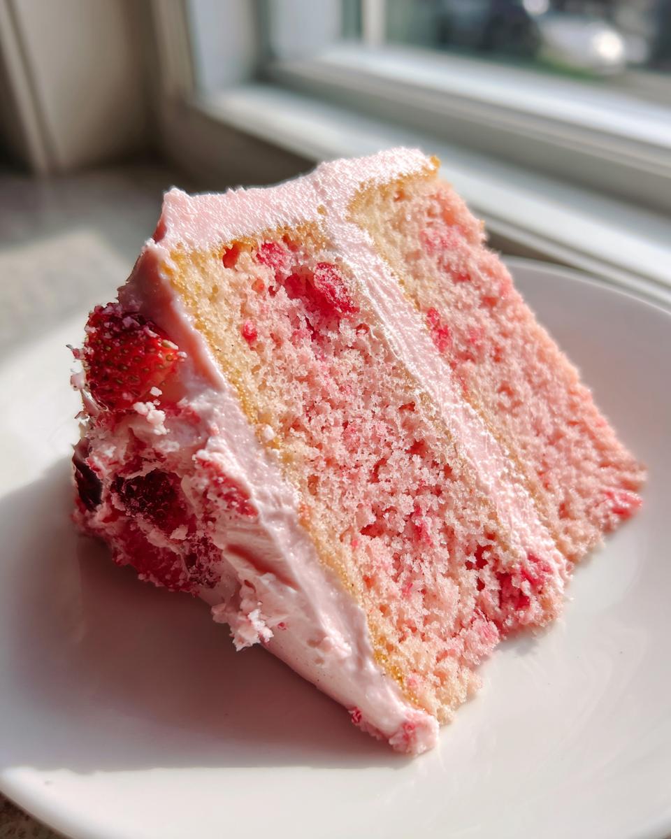 A close-up slice of moist strawberry cake with pink frosting and visible strawberry pieces, sitting on a white plate.