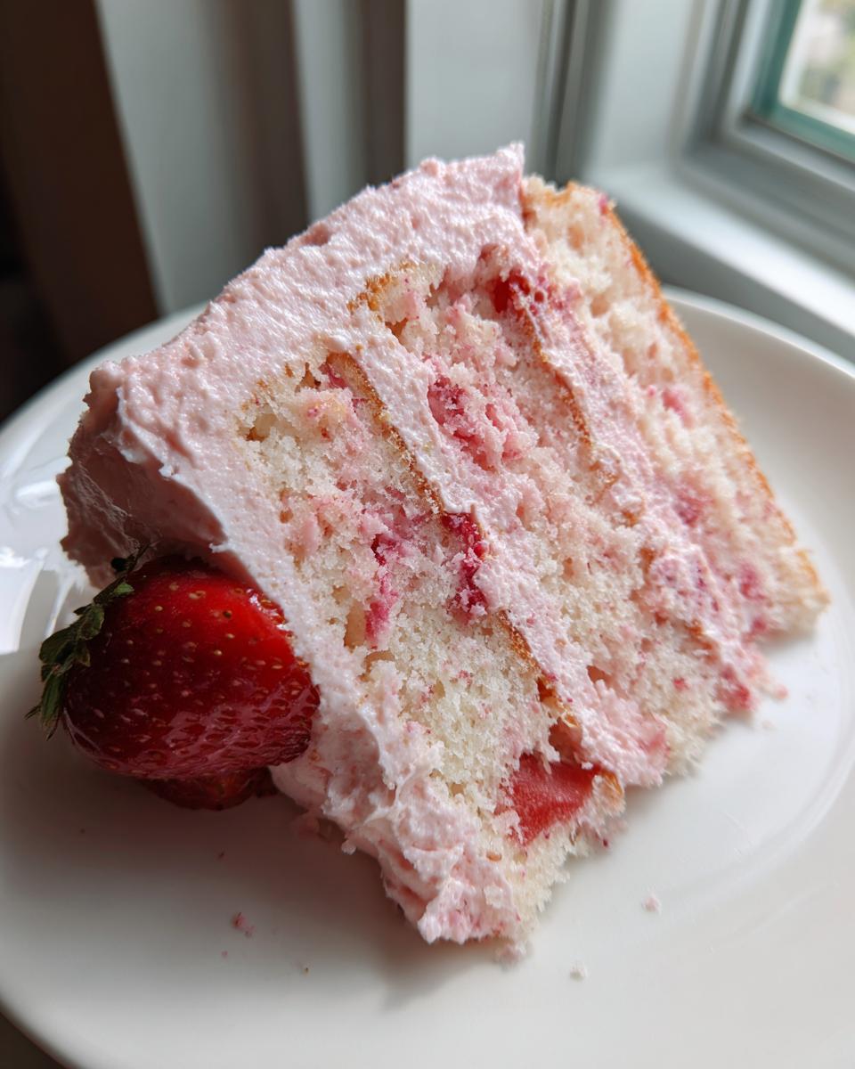 A tall slice of moist strawberry cake with pink frosting and visible strawberry pieces, garnished with a fresh strawberry.
