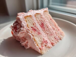 Close-up of a moist slice of strawberry cake with pink strawberry frosting, sitting on a white plate near a window.