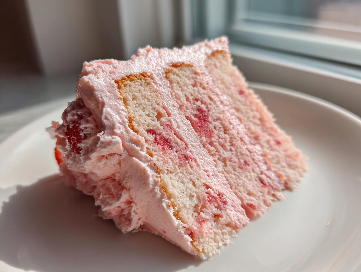 Close-up of a moist slice of strawberry cake with pink strawberry frosting, sitting on a white plate near a window.