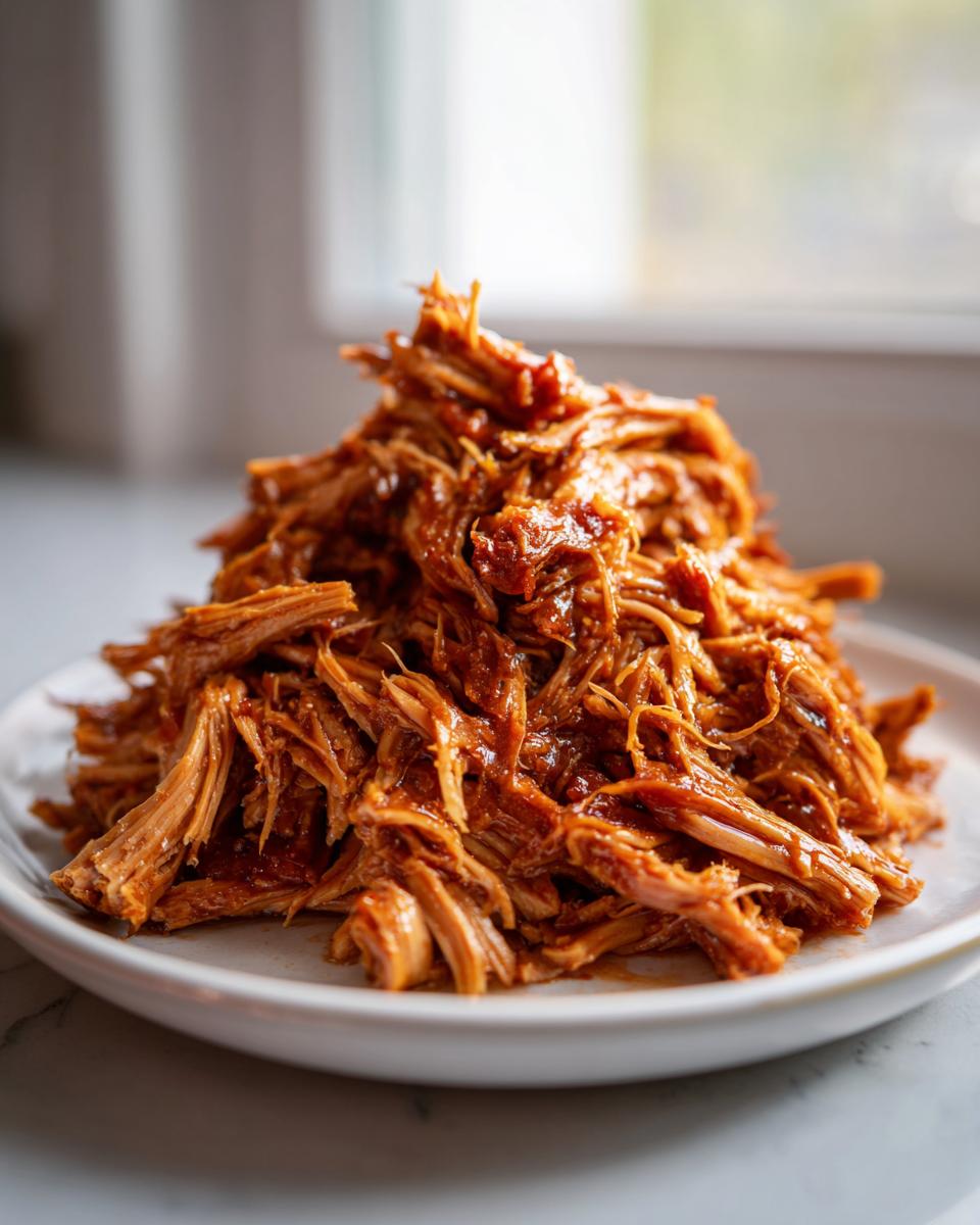 A close-up of a mound of saucy, shredded Slow Cooker Pulled Pork piled high on a white plate.