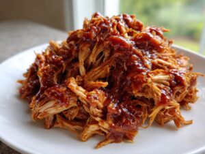 A close-up of a generous mound of saucy Slow Cooker Pulled Pork piled high on a white plate.