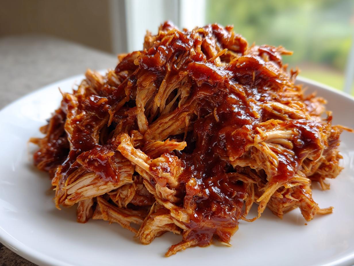 A close-up of a generous mound of saucy Slow Cooker Pulled Pork piled high on a white plate.