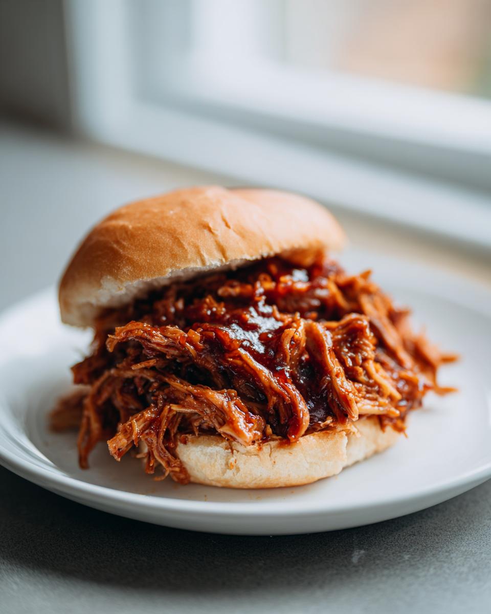 A close-up of a generous serving of saucy Slow Cooker Pulled Pork piled high on a soft bun, sitting on a white plate.