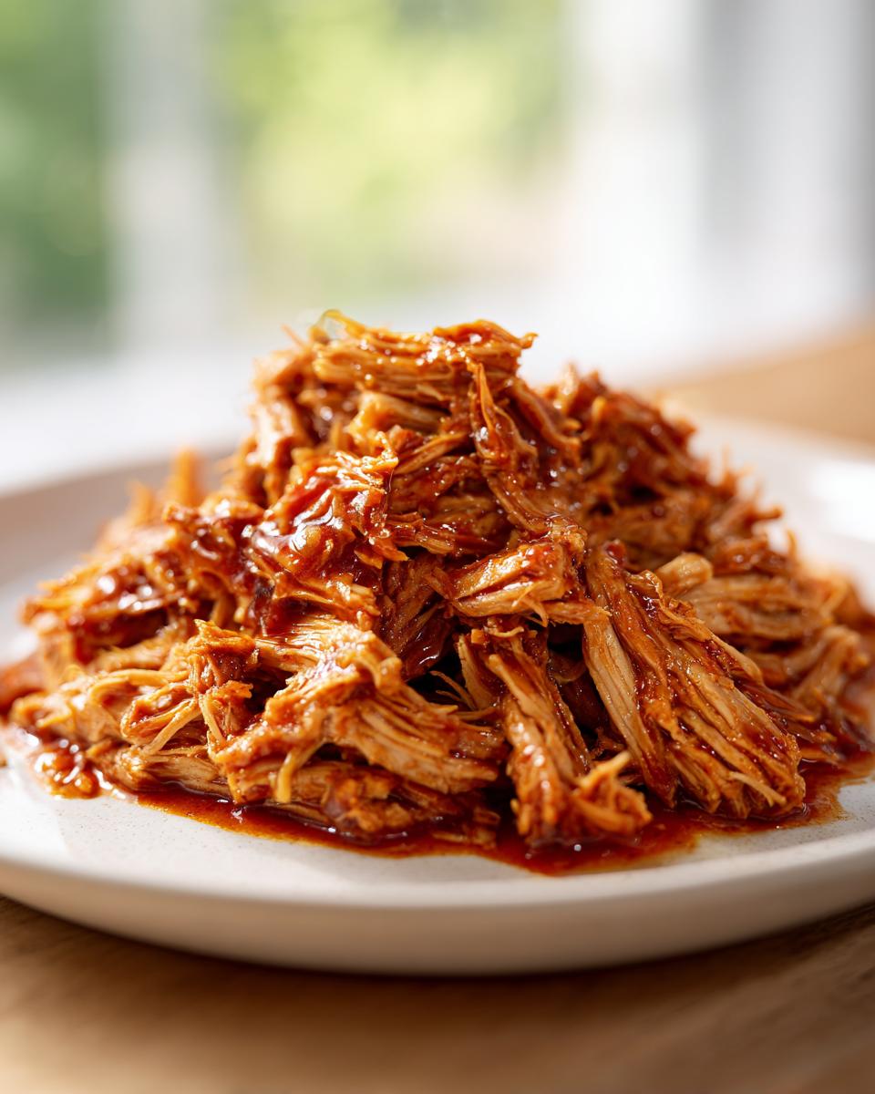 Close-up of a mound of saucy, shredded Slow Cooker Pulled Pork resting on a light-colored plate.